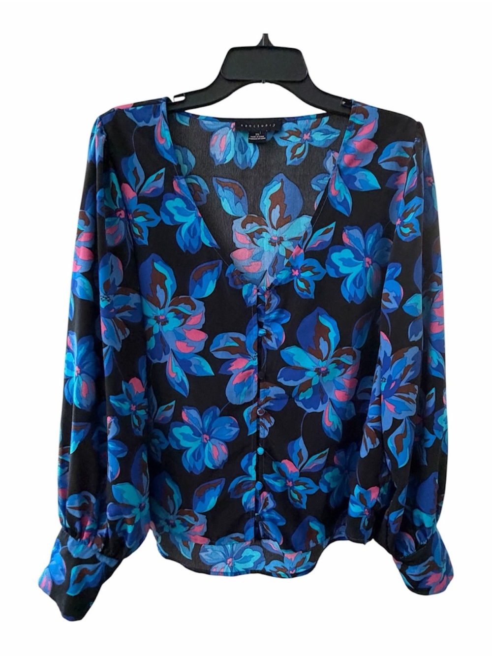 SANCTUARY Everyday Floral Blouse Vibrant Blue Black Contemporary Casual Size XL